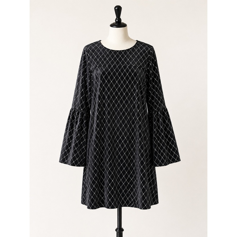 NY&C Velvet Bell Sleeve Dress Women XL Black Silver Diamond Grid Sparkle Mod NWT